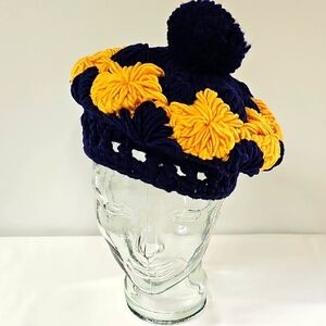 Vtg English Village Navy and Yellow Crochet Beret